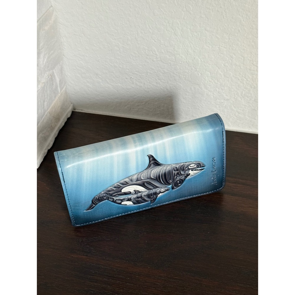 Cedar Paddle Canada Andy Everson Orca Killer Whale Blue Long Wallet! 7.5 inches
